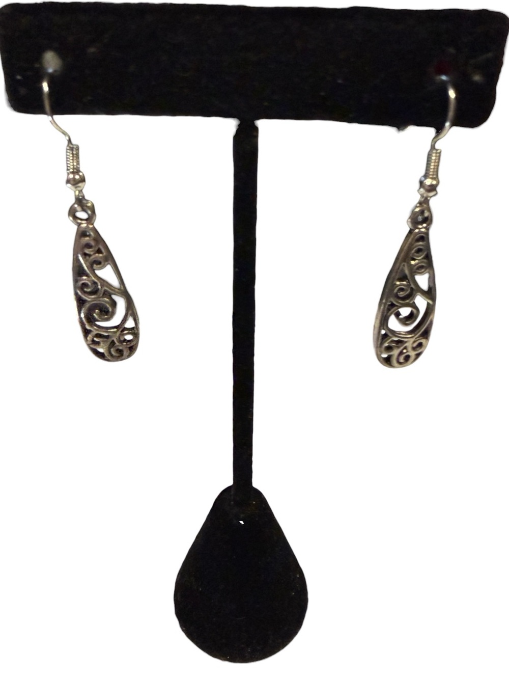 Silver Filigree Teardrop Swirl Dangle Earrings Whimsygoth Openwork Scrollwork - Picture 2 of 7